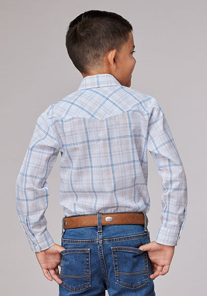 Roper Boy's White/Blue/Tan Windowpane Plaid - Broken horn