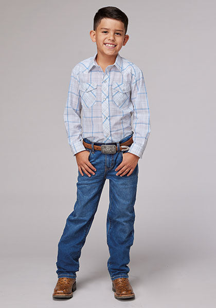 Roper Boy's White/Blue/Tan Windowpane Plaid - Broken horn
