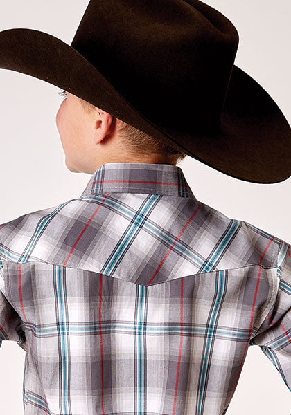 Roper Boys Plaid Gray Cloud Snap Shirt - Broken horn