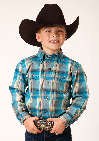 Roper Boys Sandy Turquoise Plaid - Broken horn