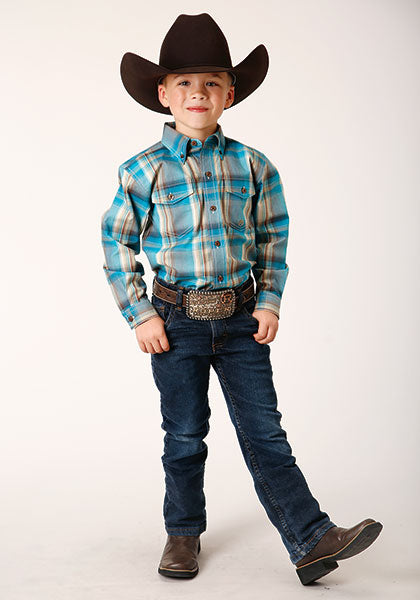 Roper Boys Sandy Turquoise Plaid - Broken horn