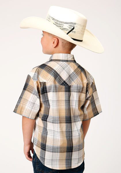 Roper Boys Snap Woven Black Khaki Plaid - Broken horn