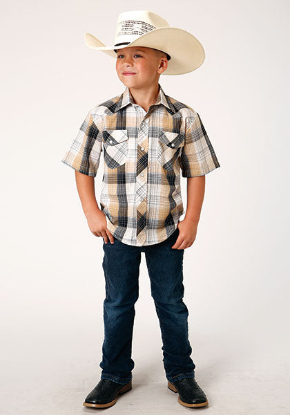 Roper Boys Snap Woven Black Khaki Plaid - Broken horn