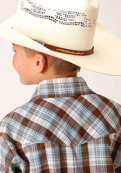 Roper Boys Snap Woven Brown, Blue & White Plaid - Broken horn