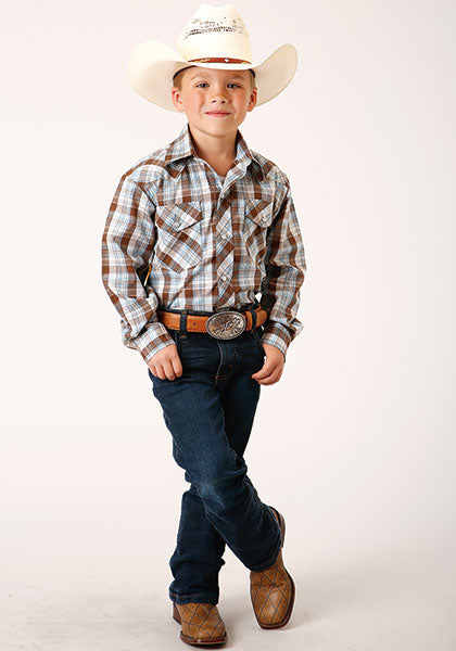 Roper Boys Snap Woven Brown, Blue & White Plaid - Broken horn