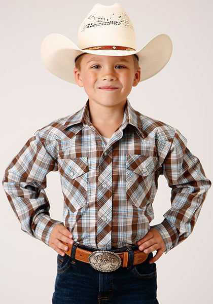 Roper Boys Snap Woven Brown, Blue & White Plaid - Broken horn