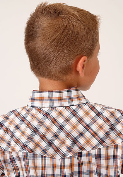Roper Boys Snap Woven Navy/Gold Rust Plaid - Broken horn