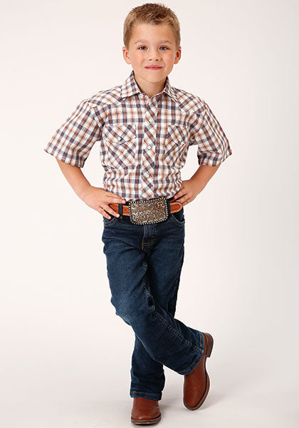 Roper Boys Snap Woven Navy/Gold Rust Plaid - Broken horn