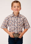 Roper Boys Snap Woven Navy/Gold Rust Plaid - Broken horn