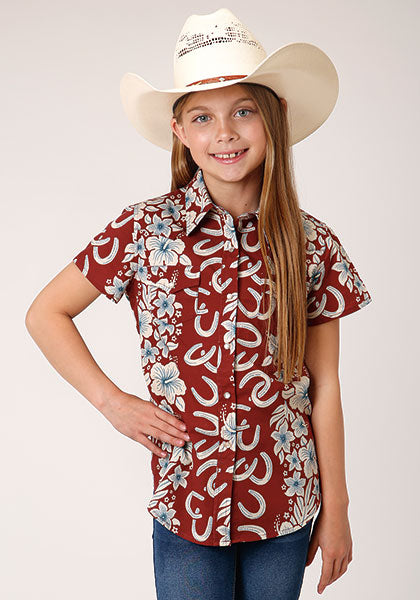 Roper Girl's All Ovar Print Hawaiian Horseshoes - Red - Broken horn