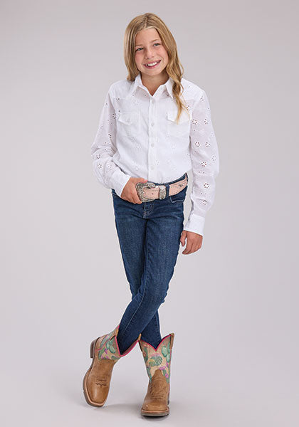 Roper Girl's White Eyelet Western Shirt - Broken horn