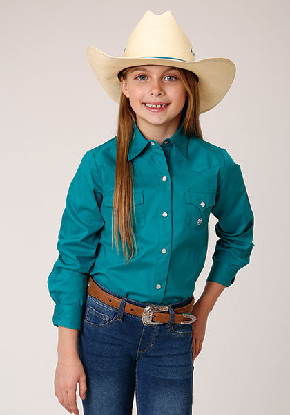 Roper Girls's Solid Poplin Stretch - Turqouise - Broken horn