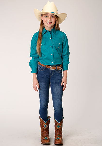 Roper Girls's Solid Poplin Stretch - Turqouise - Broken horn