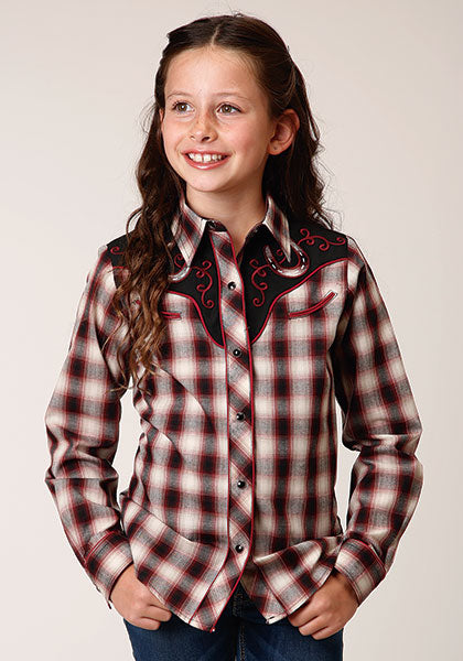 Roper Girls Wine/Black/Cream Plaid - Broken horn