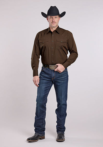 Roper Solid Poplin Brown Long Sleeve Shirts - Broken horn