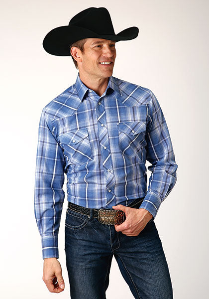 Roper Men Blue/White/Navy Plaid - Broken horn