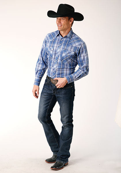 Roper Men Blue/White/Navy Plaid - Broken horn