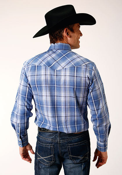 Roper Men Blue/White/Navy Plaid - Broken horn