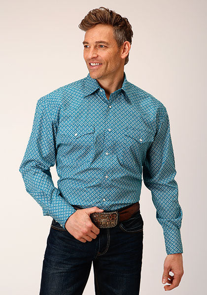 Roper Men Diamond Print Turquoise - Broken horn