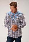 Roper Men Fancy Applique - Blue White Plaid - Broken horn