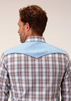 Roper Men Fancy Applique - Blue White Plaid - Broken horn