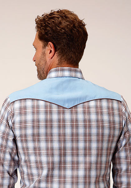 Roper Men Fancy Applique - Blue White Plaid - Broken horn