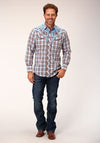 Roper Men Fancy Applique - Blue White Plaid - Broken horn