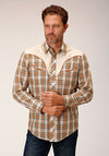 Roper Men Fancy Applique - Khaki/ Cream Plaid - Broken horn