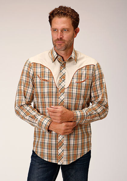 Roper Men Fancy Applique - Khaki/ Cream Plaid - Broken horn