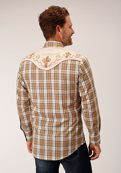 Roper Men Fancy Applique - Khaki/ Cream Plaid - Broken horn