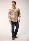 Roper Men Fancy Applique - Khaki/ Cream Plaid - Broken horn