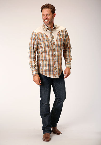 Roper Men Fancy Applique - Khaki/ Cream Plaid - Broken horn