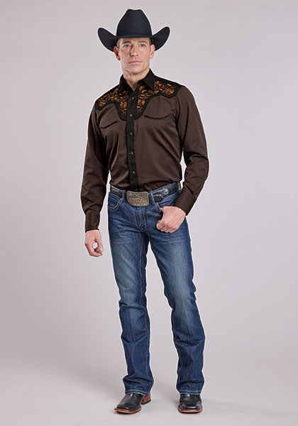 Roper Men's Chocolate Brown Western Shirt - Broken horn
