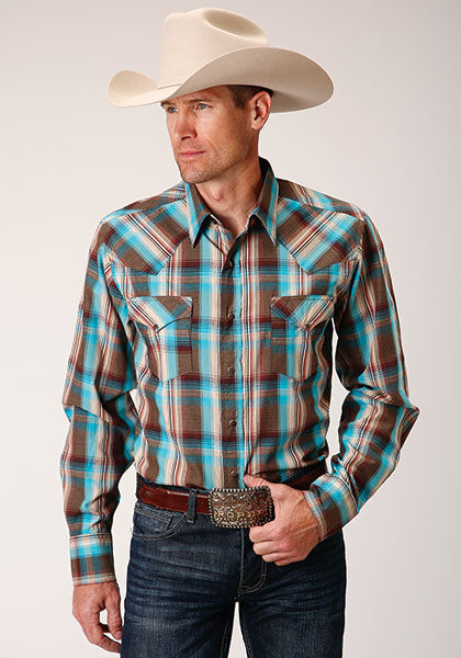 Roper Men's Desert Dobby Plaid - Money - Broken horn