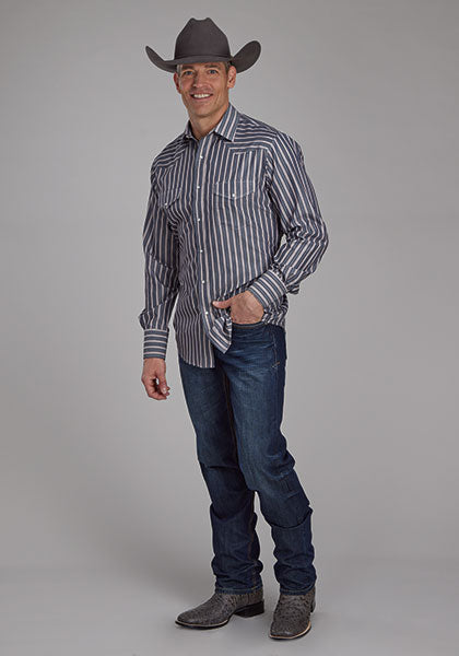 Roper Men's Dk. Charcoal Grey & Tan Stripe - Broken horn