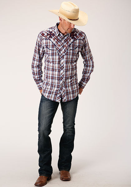 Roper Men's Fancy Applique Wine Navy and White - Plaid - Broken horn