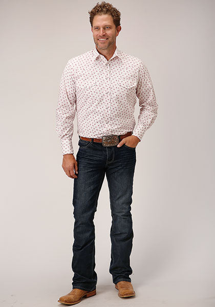 Roper Men's Snap Print - White & Red Floral - Broken horn