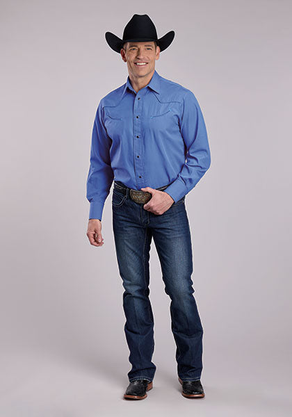 Roper Men's Solid Broadcloth Granada Sky Blue - Broken horn