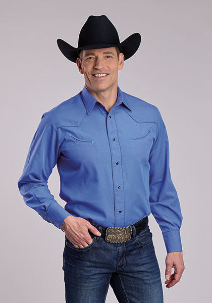Roper Men's Solid Broadcloth Granada Sky Blue - Broken horn
