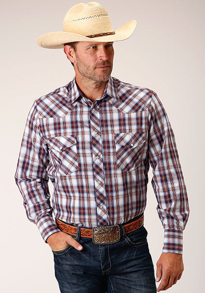 Roper Men's Wine Navy White Plaid - Broken horn