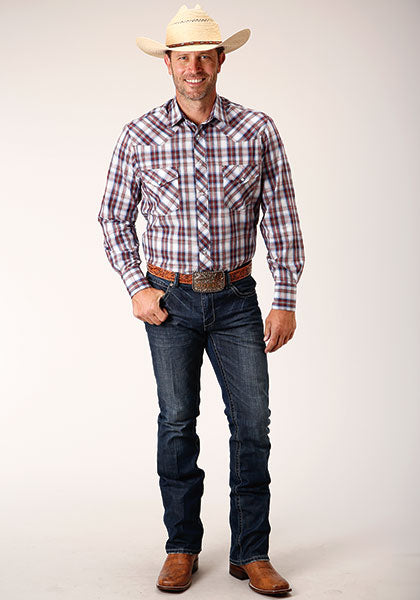 Roper Men's Wine Navy White Plaid - Broken horn