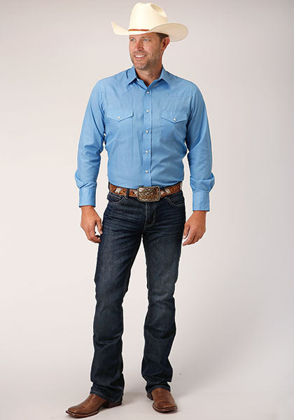 Roper Men Solid Broadcloth - Blue - Broken horn
