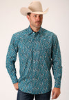Roper Mens Amarillo Snap Allover Print Blue - Broken horn