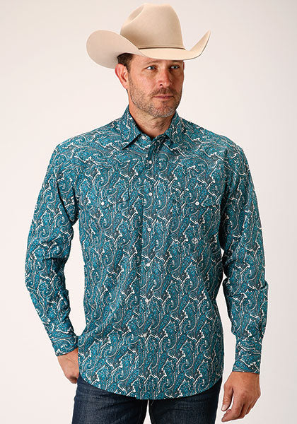 Roper Mens Amarillo Snap Allover Print Blue - Broken horn