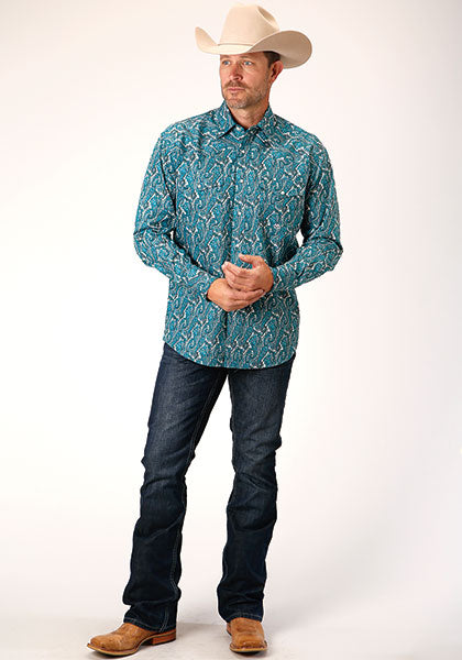 Roper Mens Amarillo Snap Allover Print Blue - Broken horn