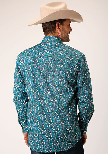 Roper Mens Amarillo Snap Allover Print Blue - Broken horn