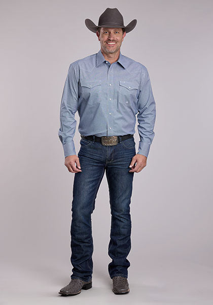 Roper Men Stretch Minicheck Navy Snap Shirt - Broken horn