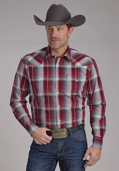 Roper Men Wine and Smoke Plaid - Broken horn