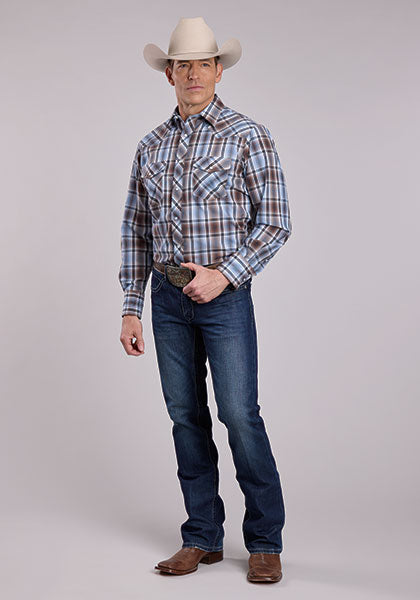 Roper Mens Brown/Blue Plaid Snap Shirt - Broken horn