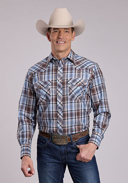 Roper Mens Brown/Blue Plaid Snap Shirt - Broken horn